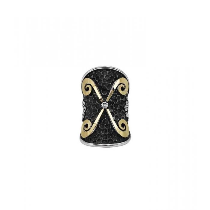 Bohemme X colection long silver ring with diamods and gold details