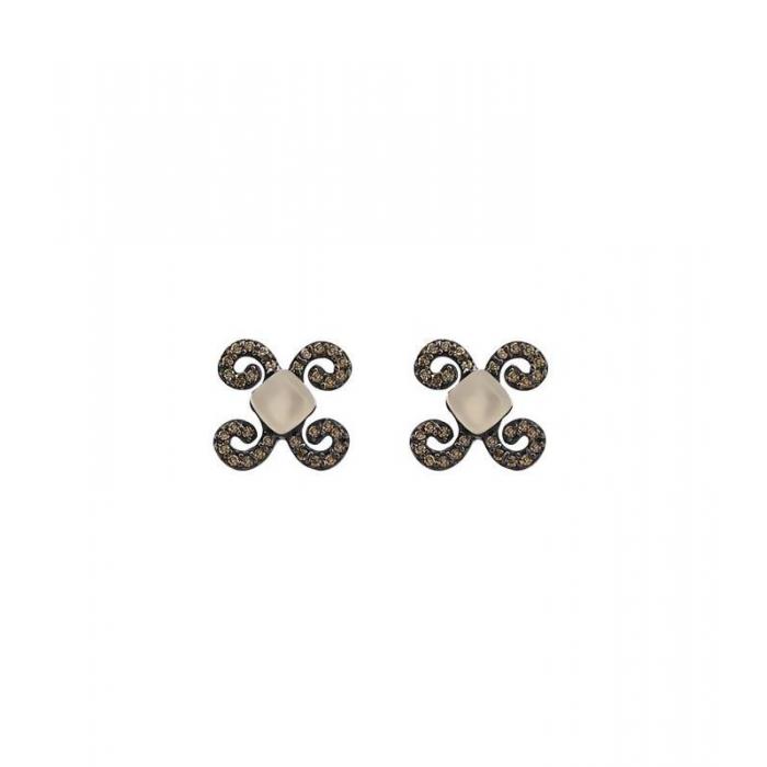 Silver earrings Bohemme color collection with brown zircons and cream color gemstone