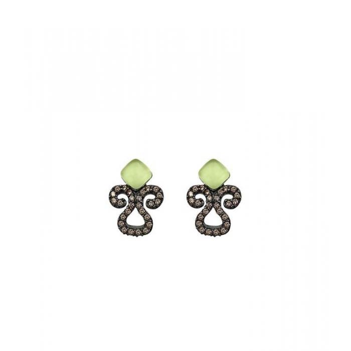 Silver earrings with brown zircons and green gemstone_east style