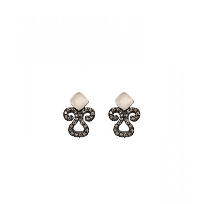 Silver earrings with brown zircons and cream color gemstone_east style