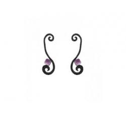 Long silver earrings with black zircons and violet gemstone