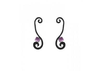 Long silver earrings with black zircons and violet gemstone