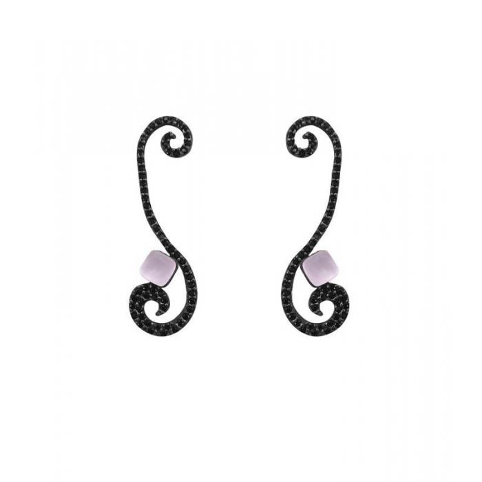Long silver earrings with black zircons and rose gemstone