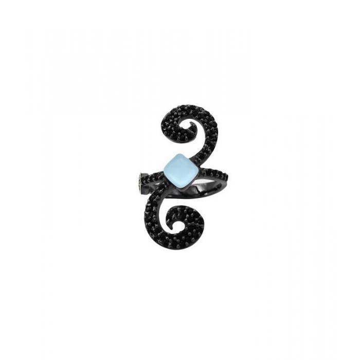 Handmade silver ring with black zircons and blue gem_Bohemme