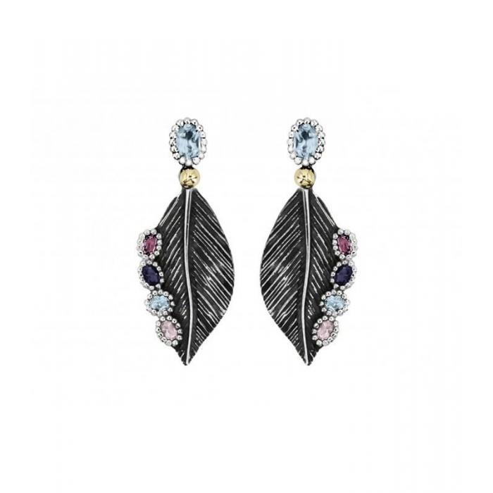 leaf shaped silver earrings with gems
