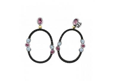 Hoop silver earrings with amethyst and sky color topaz