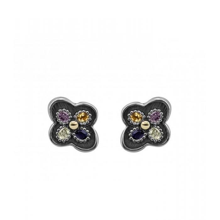 Handmade silver flor shaped earrings with gems by Spanish brand Bohemme