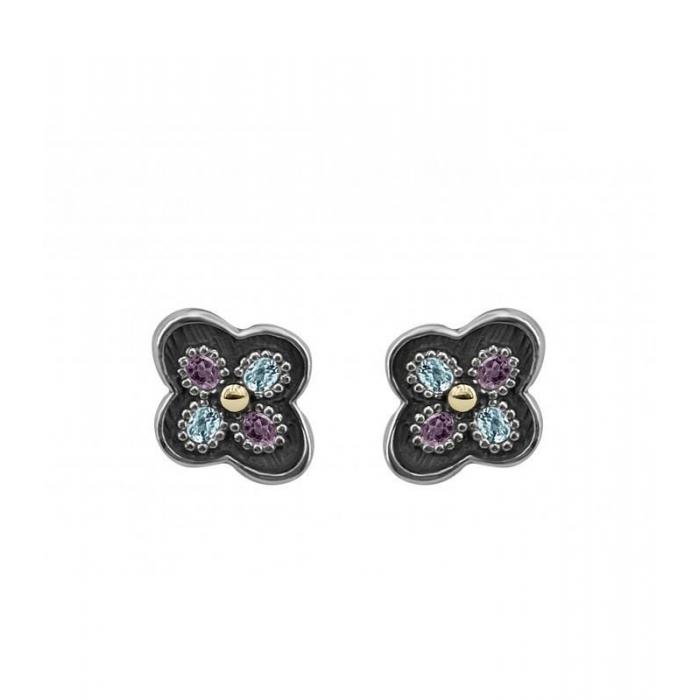 Handmade silver flor shaped earrings with amethyst and sky color topaz by Spanish brand Bohemme