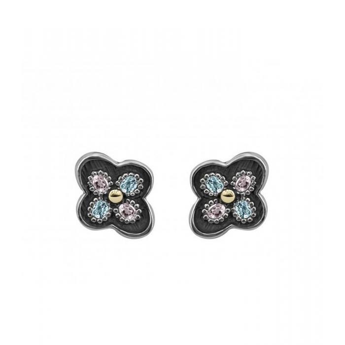 Handmade silver flor shaped earrings with sky color topaz and rose quarts by Spanish brand Bohemme