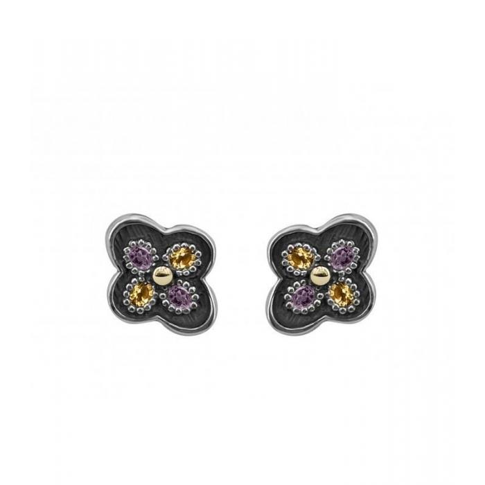 Handmade silver flor shaped earrings with amethyst and beer color quarts by Spanish brand Bohemme