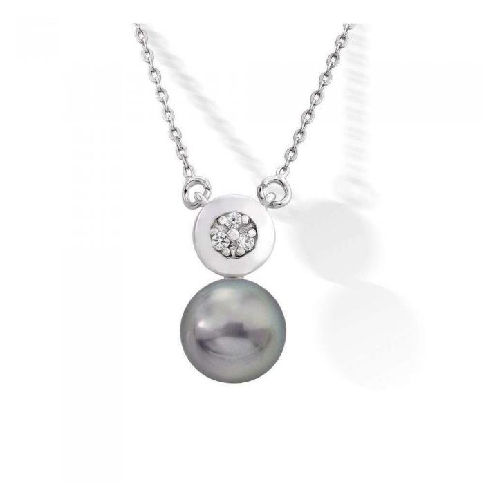 Majorica silver necklace with a gray pearl and zirconia Luz_details